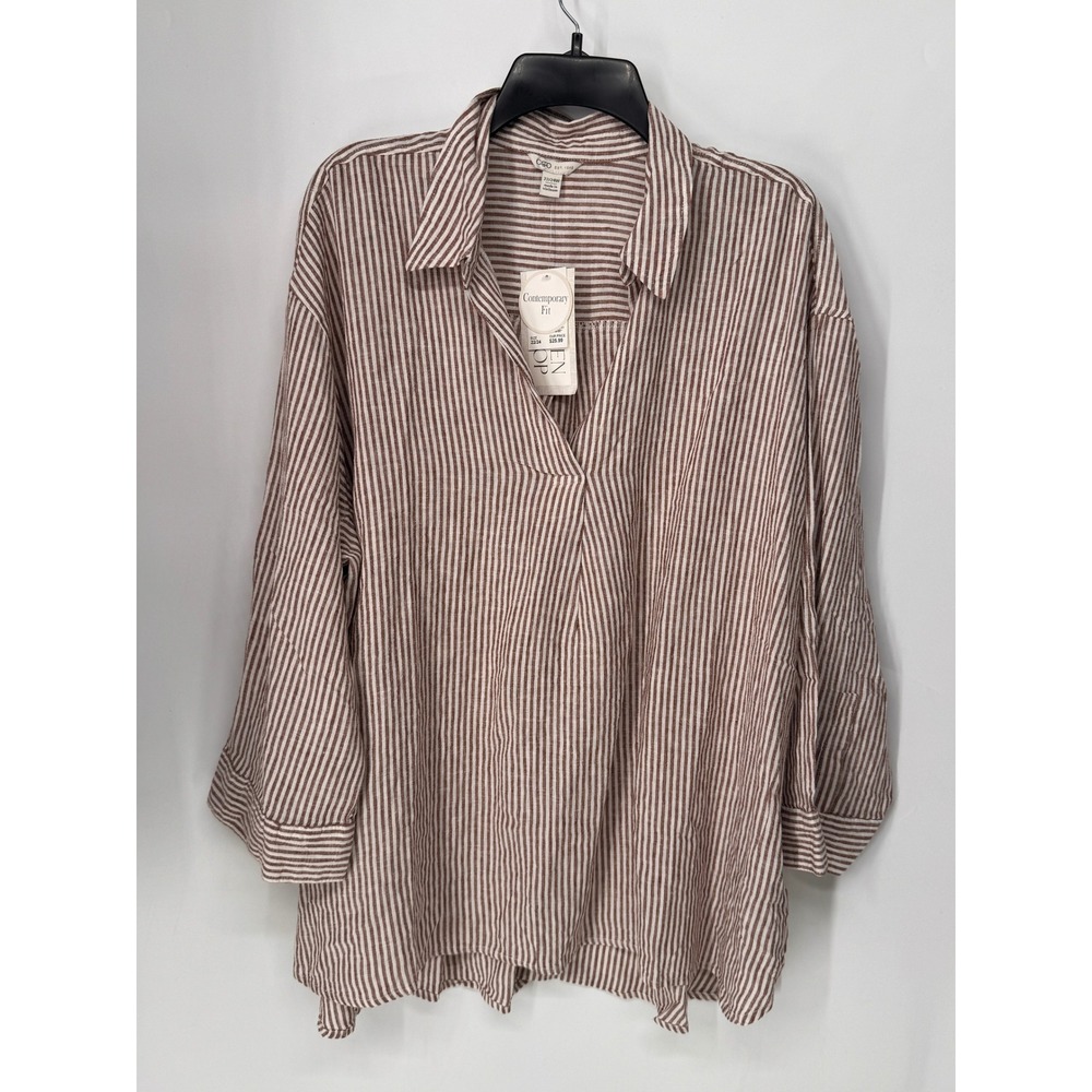Cato Linen Tunic Women 22/24W Brown NWT Striped V-Neck Contemporary 3/4 Sleeve